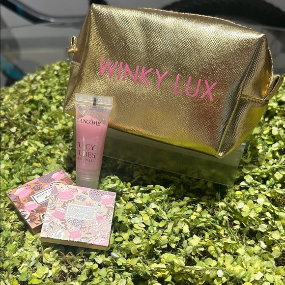 Winky Lux Gold Cosmetic Bag with Pink Lip Gloss and Palette Set - Picture 1 of 4